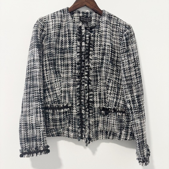 Spenser Jeremy Jackets & Blazers - Spenser Jeremy Womens Tweed Blazer Jacket Black Gray White Fringe Open‎ Front